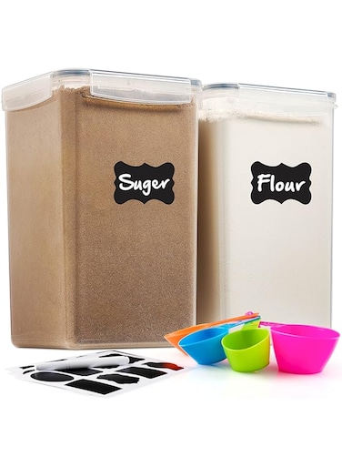 2 Pack Extra Large Airtight Food Storage Containers - 6.5L / 220 Oz BPA Free Clear Plastic Kitchen and Pantry Organization Canisters for Flour, Sugar, Rice &amp; Baking Supply - Labels, Marker &amp; Spoon Set