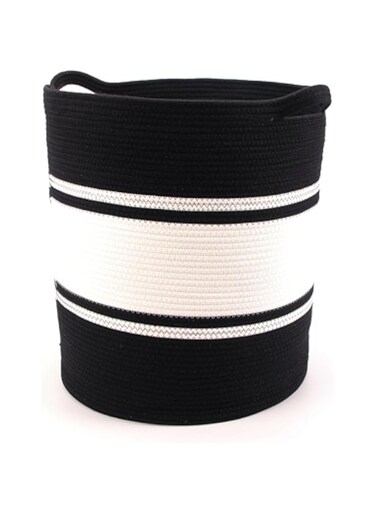 Bamboo Decor   Woven Basket With Handles Boho Style Storage Basket Easy to Fold and Wash Suitable For Laundry - Clothes - Towels (XXL, Black Stripes)