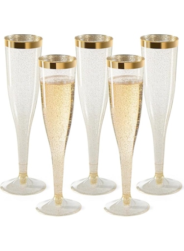 6 PCS Plastic Champagne Flutes Gold Glitter Plastic Cups 6.5 OZ Clear Plastic Cups Tumblers, Fancy Disposable Hard Plastic Cups with Gold Glitter, Premium Wedding Cups Elegant Party Cups (Gold)