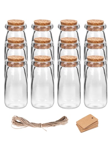 12Pack 3.4oz Glass Jars with Cork Lids &ndash; Small Storage Containers for Spices, Herbs, Candies, DIY Crafts, Home D&eacute;cor, and Party Favors