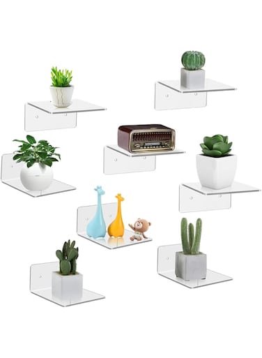 Bolidery 8 Pack Small Wall Shelf, 4'' Acrylic Wall Shelves Display Ledges for Storage &amp; Decoration, Small Floating Shelf for Wall with 2 Types of Installation (Adhesive or Screw)