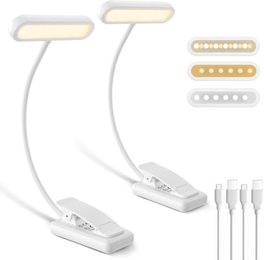 Book Lights for Reading at Night in Bed, Rechargeable Book Light with Memory Function, Eye Care Clip on Reading Light 2700K 4500K 6000K &amp; 10 Brightness Dimmable - 2 Pack