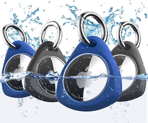 4 Pack Waterproof Case for Airtag Holder, 360° Protective Keyring Holder, Shockproof, Anti-Scratch TPU Full Cover Case for Luggage, Bag, Accessories for AirTag - 2 Black & 2 Blue