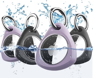 4 Pack Waterproof Case for Airtag Holder, 360° Protective Keyring Holder, Shockproof, Anti-Scratch TPU Full Cover Case for Luggage, Bag, Accessories for AirTag - 2 Black & 2 Purple