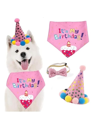 Khazna Dog Cat Party Decoration Set, Dog Triangle Scarfs Headwear, Dog Cat Birthday Bandana Hat, Dog Gift and Party Decoration Set, Birthday Party Supplies for Small Medium Dogs Cats (Pink)