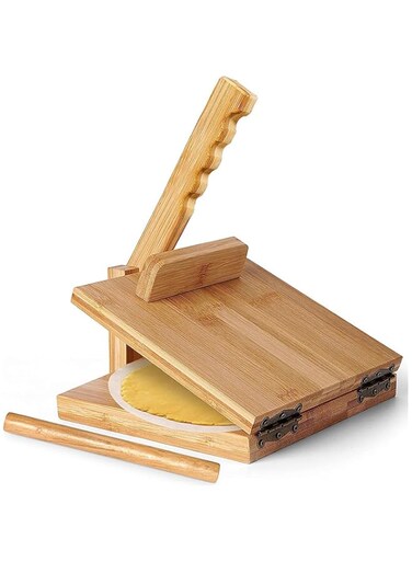 gernie Wooden Tortilla Press Maker, 10 Inch Dough Press Machine with Rolling Pin and 50Pcs Parchment Paper, Manual Corn Tortilla Maker for Homemade Mexican Tortillera, Taco, Roti