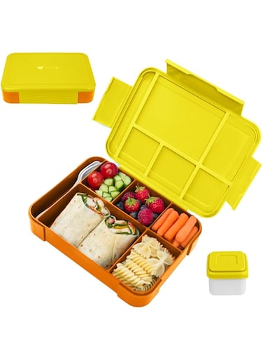 Mumfactory&reg; Lunch Box For Kids School, Bento Lunch Box Kids Adults, Leakproof with 5 Compartments and Cutlery Set, 1330 ML (Yellow-Orange)
