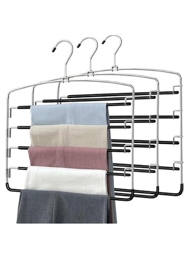 Pants Hangers Non Slip 3 Pack Space Saving Hangers Multi-Layer Swing Arm Pants Hanger Stainless Steel Space Saver Hangers for Pants Jeans Scarf Trouser Tie Towel Clothes