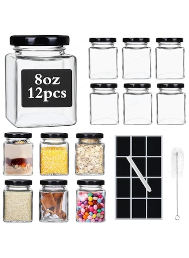 SKYLINK 12 Pack 8oz Square Glass Jars with Airtight Black Lids, Labels &amp; Cleaning Brush, Small Mason Jars for Spices, Jam, Honey, Jelly, DIY Gifts, Baby Shower &amp; Wedding Favors