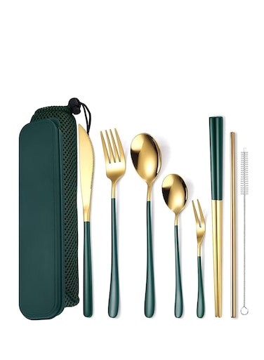 Portable Reusable Cutlery Set, Travel Utensils Set with Case, Stainless Steel Flatware Set Including Knife Fork Spoon Chopsticks Straws Brush, Dishwasher Safe (8Pcs Green golden)