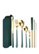 Portable Reusable Cutlery Set, Travel Utensils Set with Case, Stainless Steel Flatware Set Including Knife Fork Spoon Chopsticks Straws Brush, Dishwasher Safe (8Pcs Green golden)