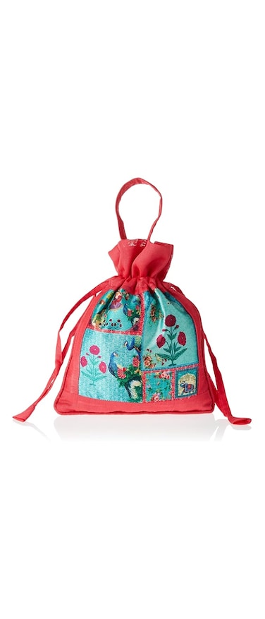 Swayam faux silk draw string closure bag, red, gut07