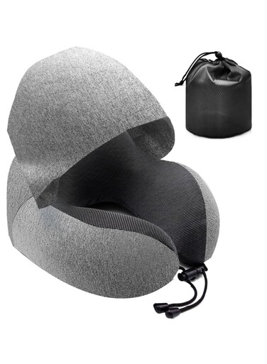 Neck Pillow for Travel, Memory Foam Travel Pillow with Hood, Adult Airplane Pillow for Head Rest Neck Support, Portable Pillow for Office Cars Trains Long Flights Sleeping grey