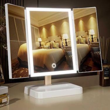 Tri-fold Makeup Mirror with Lights, 4800 mAh Rechargeable LED Cosmetic Make Up Table Vanity Mirror with 1X/2X/3X Magnification and Color Temperature Options