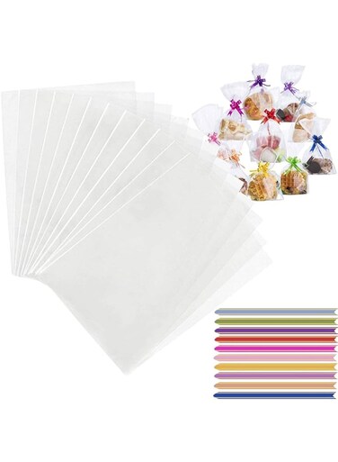 SubyVeK 100pcs Clear Cellophane Bags Gift Bag with Twist Ties for Wedding Favours Wrapping Cupcakes and Sweets, 23 * 12.5cm(L,W)