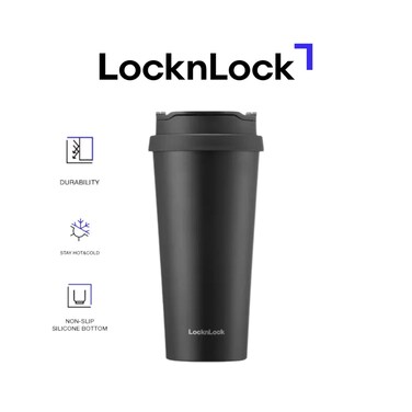LocknLock 540ml Clip Tumbler &ndash; Black, Stainless Steel Travel Mug with Double-Vacuum Insulation, Non-Slip Pad &amp; Convenient Cap