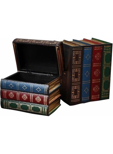 Tazweeq 2 Pack Decorative Book Boxes, Wooden Antique Book Decorations, Vintage Book Storage Boxes