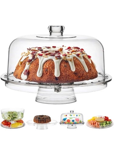Homeries Multi-Purpose 6 in 1 Cake Stand with Dome Lid - Multifunctional Serving Platter and Cake Plate - Use as Salad Bowl/Veggie Platter/Punch bowl/Desert Platter/Nachos &amp; Salsa Plate