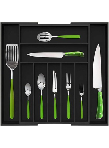 U-HOOME Bamboo Kitchen Drawer Organizer for Utensil Holder,U-HOOME Expandable Silverware Organizer and Cutlery Tray,Drawer Dividers for Flatware and Kitchen Utensils (9 Slots-Black)