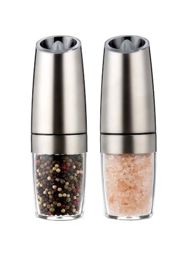 WinCheer Electric Pepper Grinder or Salt Mill Spice Tall Power Shaker, Silver Gravity Control Battery Powered with Blue LED Light, Adjustable Ceramic Coarseness (Silver, 2)