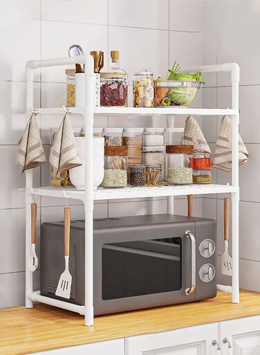 3-Tier Kitchen Storage Rack with Side Hooks , Multifunctional Microwave oven rack,Countertop Rack Organizer with Non-Slip Feet, for Spices, Pots and Pans(White)