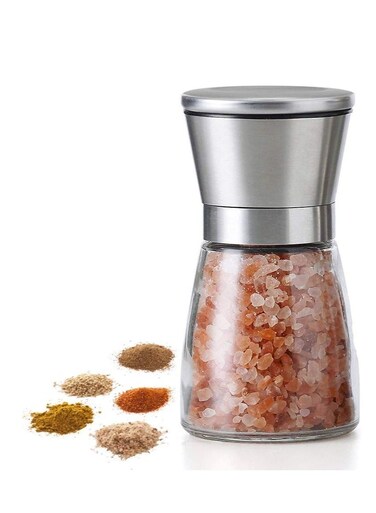 and Pepper Mill Set, Adjustable Coarseness, Refillable Glass Body with Stainless Steel Lid, Ceramic Blades, 6OZ Capacity for Herbs and Spices
