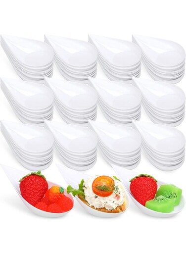 Gandeer 300 pack 4inch Tear Drop Mini Appetizer Plates Spoons Plastic Tasting Spoons, Dessert Bowls &amp; Mini Dessert Containers Disposable Catering Supplies for Parties &amp; Events(White)
