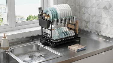 2-Tier Dish Drying Rack - Stainless Steel Dish Rack with Cutlery & Utensil Holders for Kitchen Counter, Sink Organization and Storage