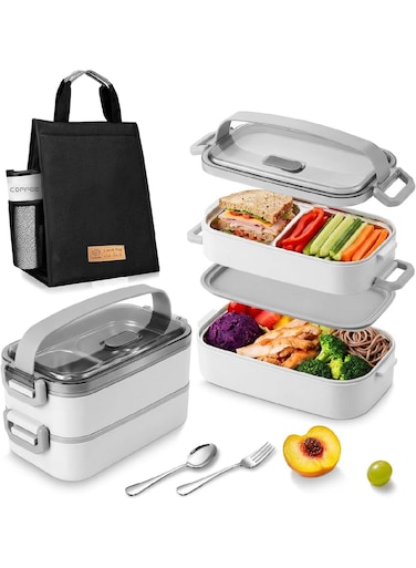Stainless Steel Lunch Box: 1500ml 2 Layers 304 Microwave Safe Leakproof Bento Box - 3 Compartments Stackable Bento Lunch Box for Adults Students Office School Picnic (White, 2 Layer)