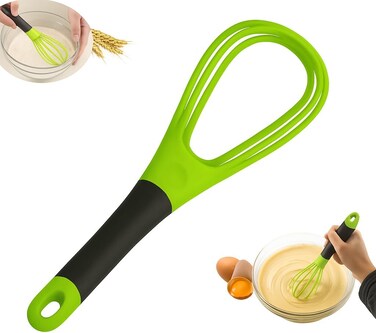 Flat and Balloon Collapsible Twist Whisk - Silicone Egg Beater, Handheld Mixer, Baking and Cooking Tool for Kitchen - Green