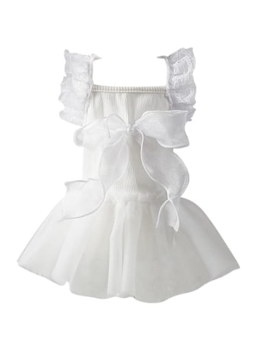 Bow Decor Dog Dress Square Neck Cat Puppy Tutu Skirts Pets Clothing Lace Mesh Dog Wedding Birthday Holiday Dress for Small Medium Dogs Cats Kittens (White, XS)