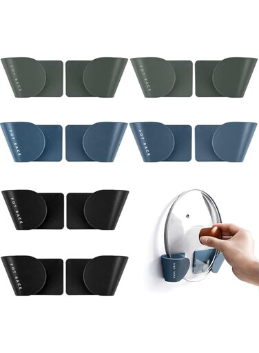 Khazna Pot Lid Organizer, Wall Mount, Cabinet Door Organizer Pot Hangers, Adjustable Lid Holder, for Kitchen Wall Mount, 6 Pairs (Black, Green, Blue)