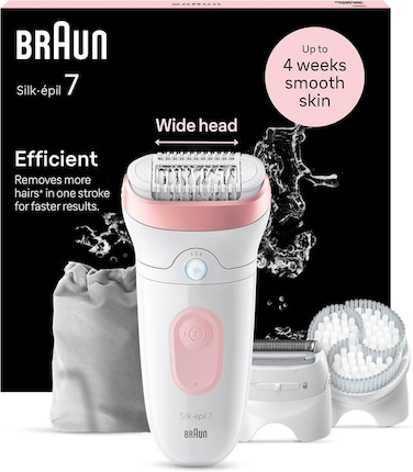 Braun Silk&middot;&eacute;pil 7 Wet &amp; Dry Epilator SE7‑060 &ndash; 40 Tweezers, SmartLight, Rechargeable, for Sensitive Skin, Includes Shaver Head, Trimmer Cap, and Cleaning Brush &ndash; Hair Removal for Legs, Arms, and Body