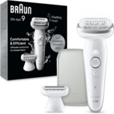 Braun Silk-&eacute;pil 9 Women's Epilator/Hair Remover for Long-Lasting Hair Removal, Shaving Attachment, Trimmer Attachment, 9-041, White/Silver
