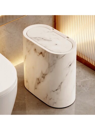 Slim Bathroom Trash Can with Lid &acirc;&euro;&ldquo; 12L Waterproof Garbage Bin, One-Touch Press Cover, Anti-Odor Sealed Waste basket with Inner Bucket Handle &acirc;&euro;&ldquo; Modern Marble Design Toilet &amp; Kitchen Bin