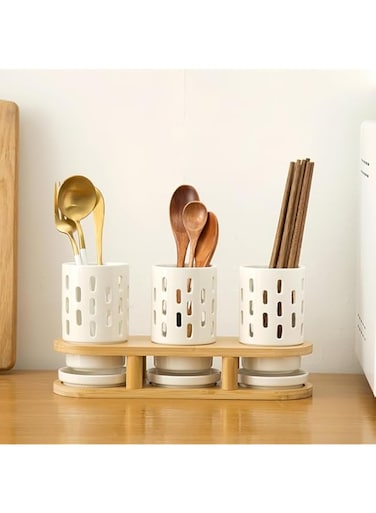 GUYANA Flatware Organizer, Set of 3 Ceramic Silverware Caddy with Bamboo Rack Detachable Countertop Cutlery Drainer Kitchen Utensil Storage Holder for Forks, Spoons and Knives (White)