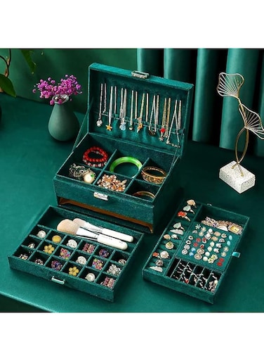 YAMDA Green Jewelry Box Organizer, 3 Layers Jewelry Organizer with Lock Jewelry Holder for Girls Women Jewelry Storage Box Velvet Jewellery Case for Necklace Earrings Bracelets Rings (Green)