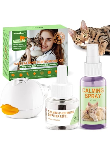 PawsGear Cat Calming Pheromone Diffuser and Spray,Relieve Anxiety Stress Reduce Fighting and Scratching,Fits All Cats