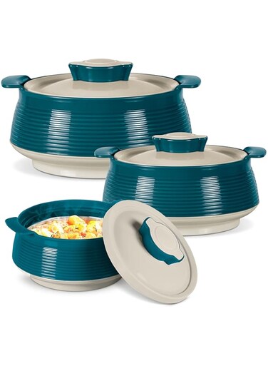 MILTON 3-Piece Casserole Set (850ml, 1.35L, 1.85L) Double-Walled Hotpot with PU Insulation &amp; Stainless Steel Inner, Keeps Food Hot/Cold, Perfect for Serving Chapati, Roti &amp; Mandi - Venice Reg - Green