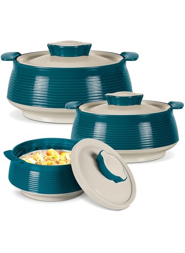 MILTON 3-Piece Casserole Set (850ml, 1.35L, 1.85L) Double-Walled Hotpot with PU Insulation &amp; Stainless Steel Inner, Keeps Food Hot/Cold, Perfect for Serving Chapati, Roti &amp; Mandi - Venice Reg - Green