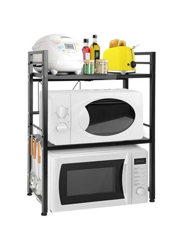 OUUTMEE Microwave Oven Rack, Expandable Horizontal Extension Microwave Shelf Toaster Oven Stand, Adjustable Kitchen Countertop Storage Rack Shelf 3-Tier, Bearing Weight 130lbs-Black
