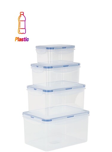 Food Storage Container Set- RF12630/ Square Boxes, 550 ml, 1000 ml, 2350 ml, 3700 ml, Pack of 4 Storage Containers/ Transparent Boxes, Perfect for Meal Prep, Leftovers, Snacks, etc./ Freezer Safe, Plastic Kitchen Accessories for Organization Clear