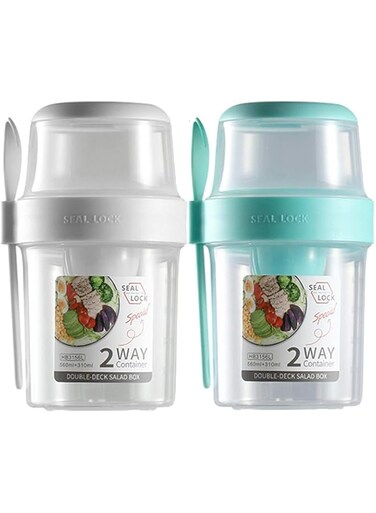 ALMEKAQUZ 2-Tier Overnight Oats Jars with Lid and Spoon,Set of 2,Portable Yogurt Oatmeal Container Jar,Leakproof Cereal and Milk to Go Container for Adults Kids,560+310ml