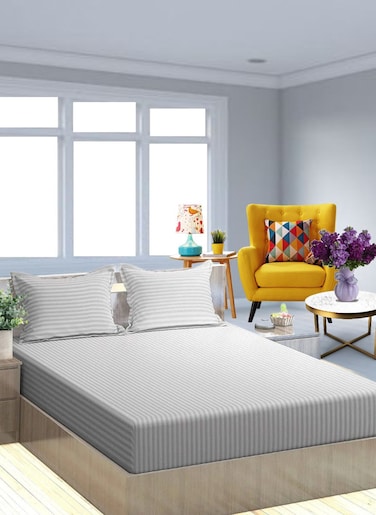 Silver Double Size Stripe Bed Sheet Set Cotton 150x200+20cm