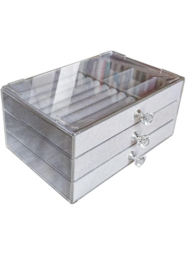 Jemjosh Clear Acrylic Velvet Jewelry Organizer with 3 Drawers, Stackable Display Storage Earrings Necklace Rings Bracelets Box Holder Case for Women, Grey