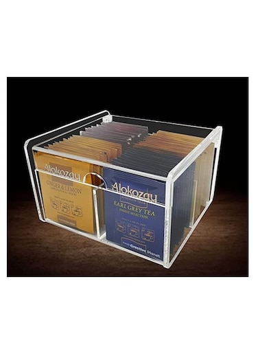 Creative Planet Tea Bag Storage Organizer Box, Clear Polished Acrylic For Pantry Cabinets, Countertops Shelves (4 Compartments)