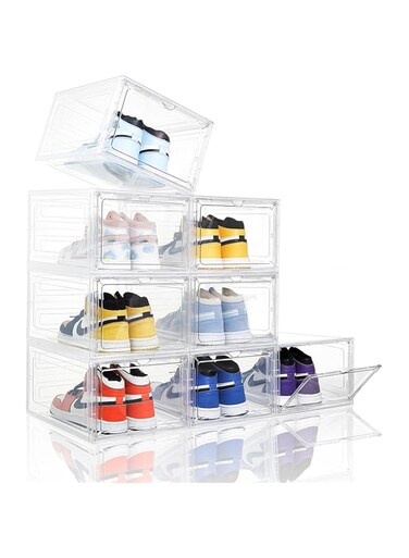 Attelite Clear Shoe Box, Plastic Stackable Shoe Storage Organizer with Magnetic Door,Thicken &amp; Sturdy Drop Front Shoe Box,For Display Sneakers,Easy Assembly 8 Pack White