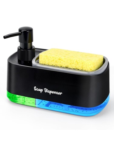 and Dish Soap Dispenser Set for Kitchen, Dual Soap Dispenser with Sponge Holder, 3-in-1 Countertop Soap Pump Dispenser for Kitchen Sink, Useful Kitchen Gadgets - Black