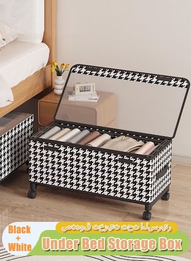 57*29*30cm Under Bed Storage Box With Wheels Handles Clear Window Houndstooth Pattern Printed Large Capacity Rolling Clothes Storage Bins For Clothes Bedding Shoe Toy Houndstooth