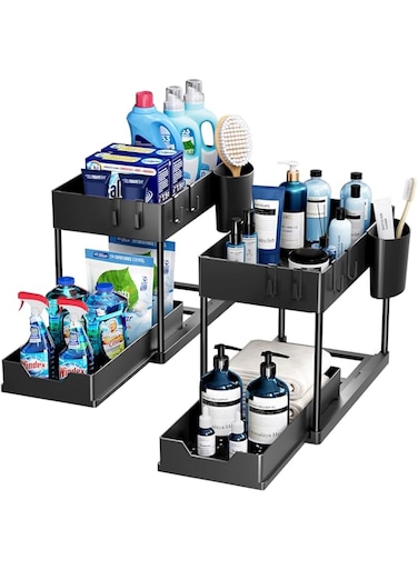Puricon 2 Pack Under Sink Organizers and Storage Pull Out Sliding Drawer, 2 Tier Multi-Purpose Kitchen Under The Sink Organizer Under Bathroom Sink Shelf Storage Rack for Countertop Laundry -Black